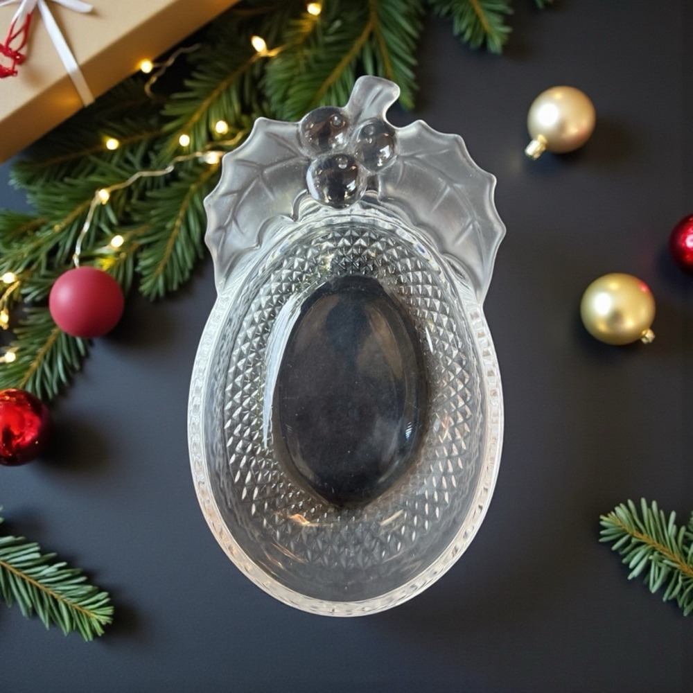 VTG Studio Nova Japan Cut Glass Crystal Candy Dish Bowl Frosted Holly & Leaves
